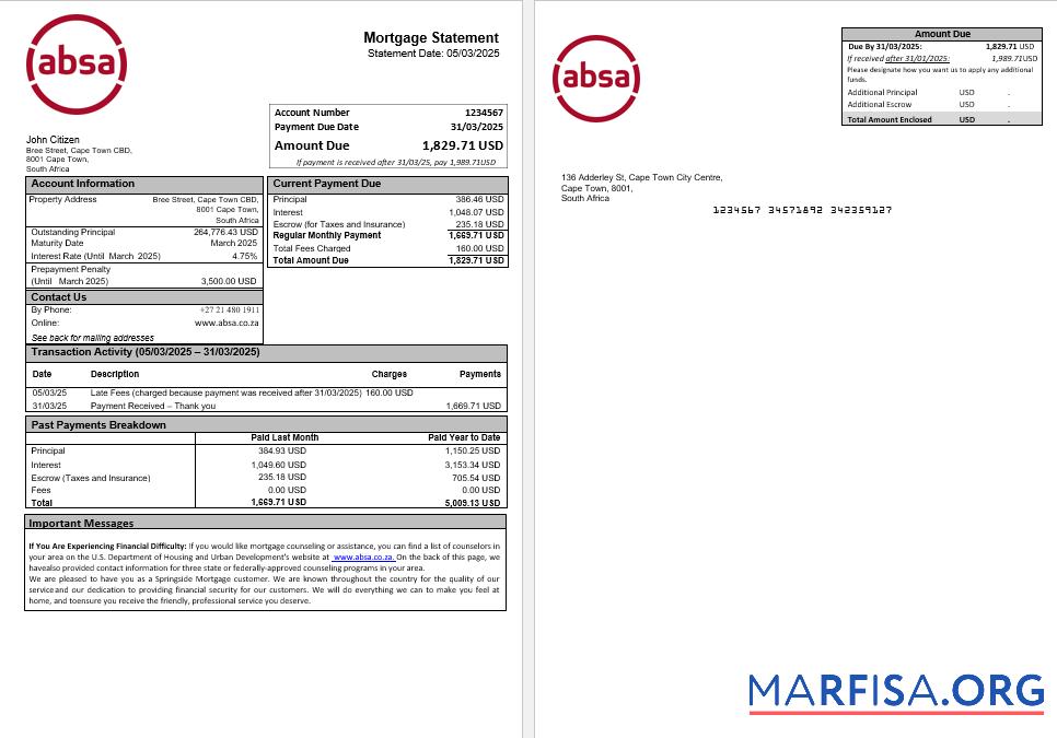 Printable South Africa ABSA bank mortgage statement in Word and PDF formats sample